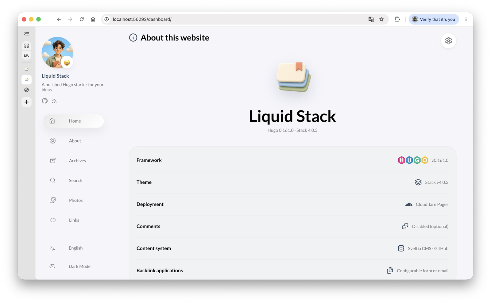 Liquid Stack site dashboard overview