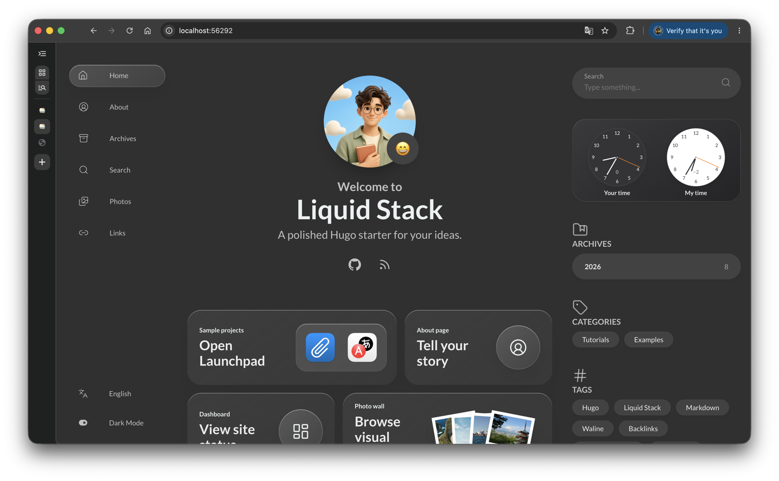 Liquid Stack English dark homepage
