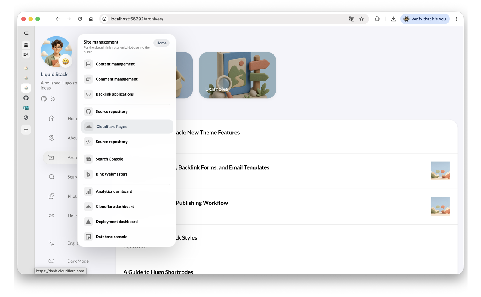 Liquid Stack site management menu