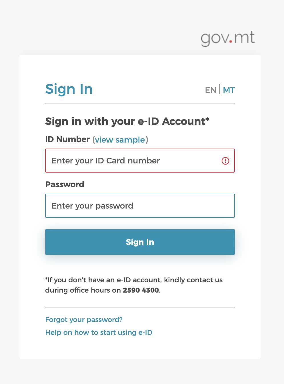 Malta eID sign-in page