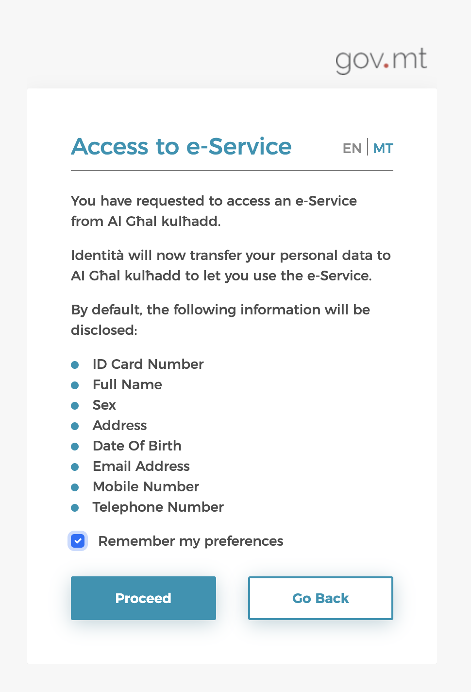 eID authorisation page for AI Għal Kulħadd