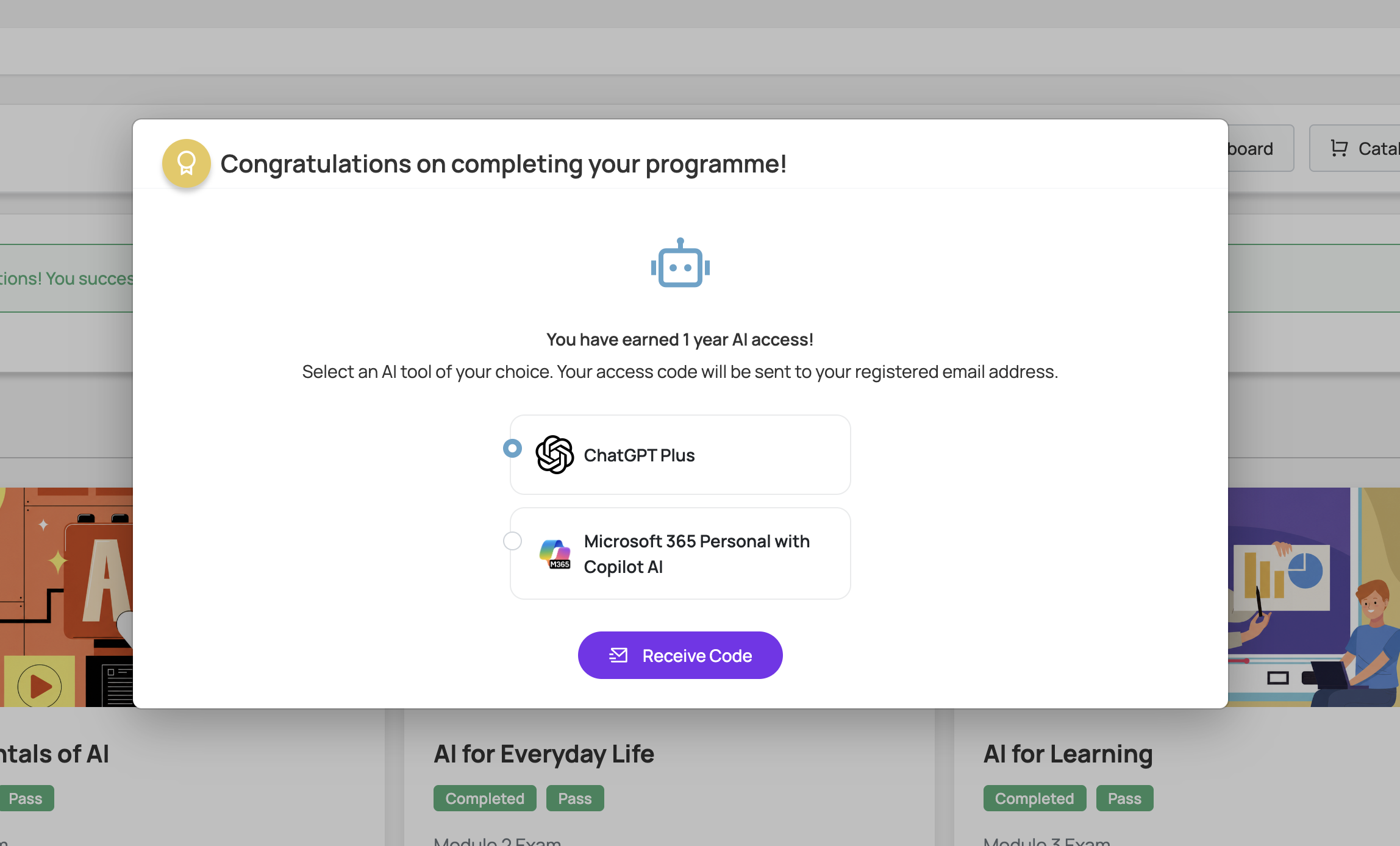 AI4ALL page for choosing ChatGPT Plus or Microsoft 365 Personal with Copilot