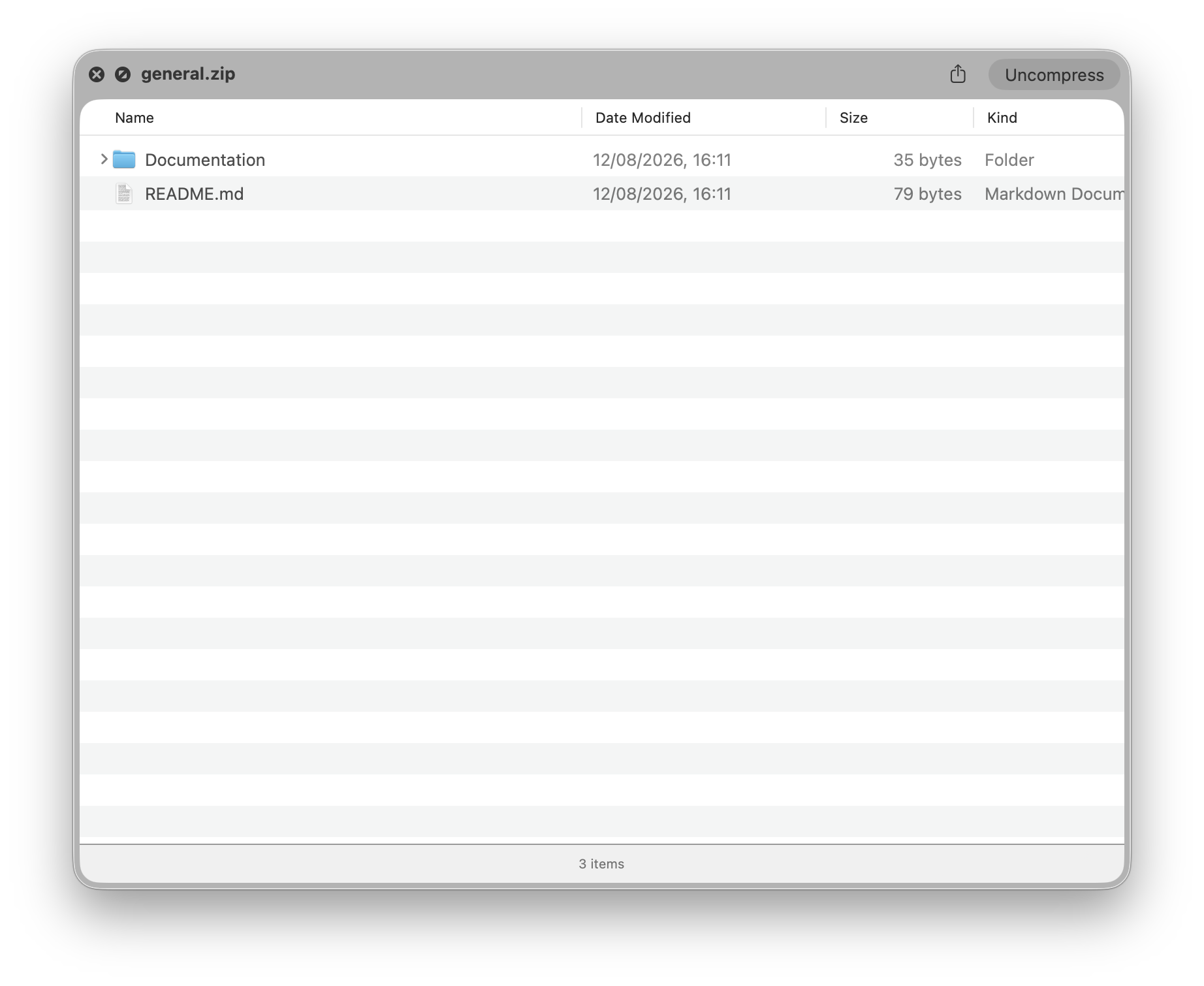 Archive Peek displaying an archive as a Finder-like file list