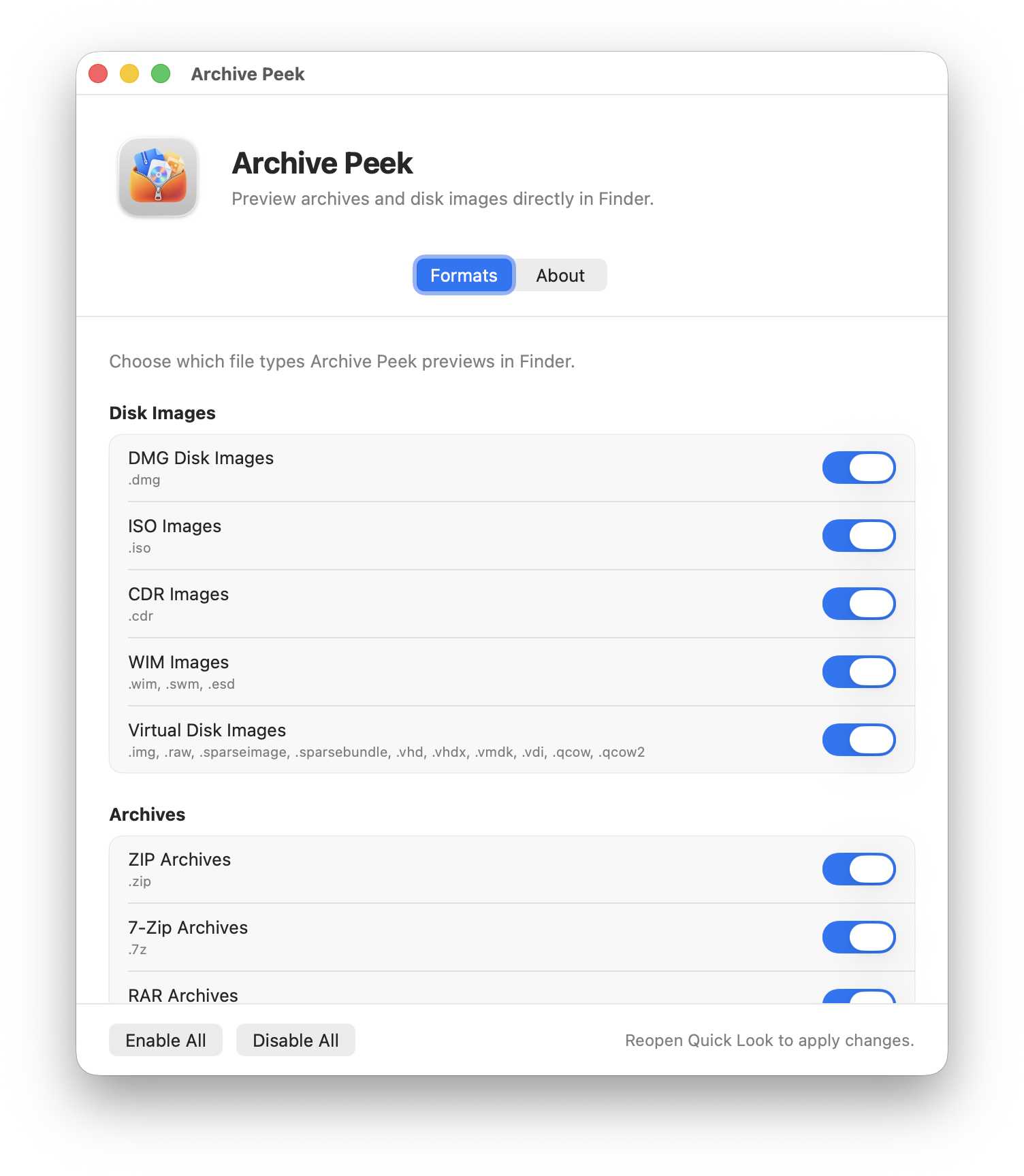 Archive Peek settings with aligned switches for supported format groups