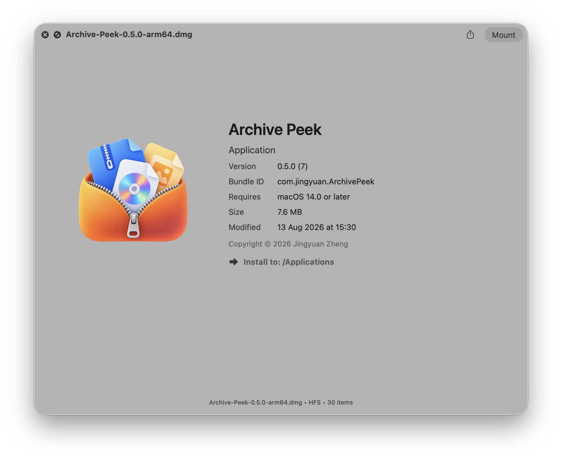 Archive Peek smart installer preview with an app icon and application details