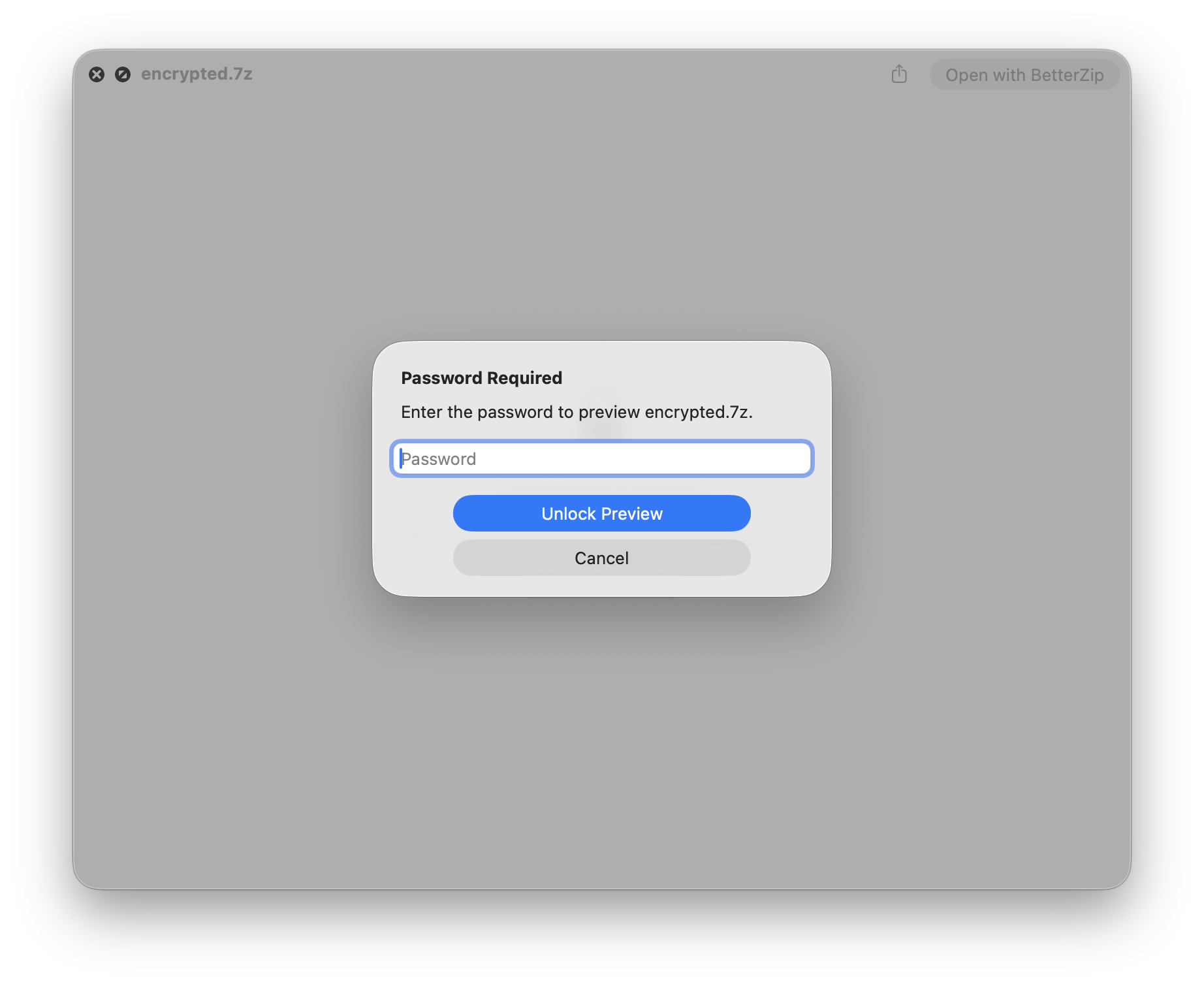 Archive Peek native password dialog for an encrypted archive
