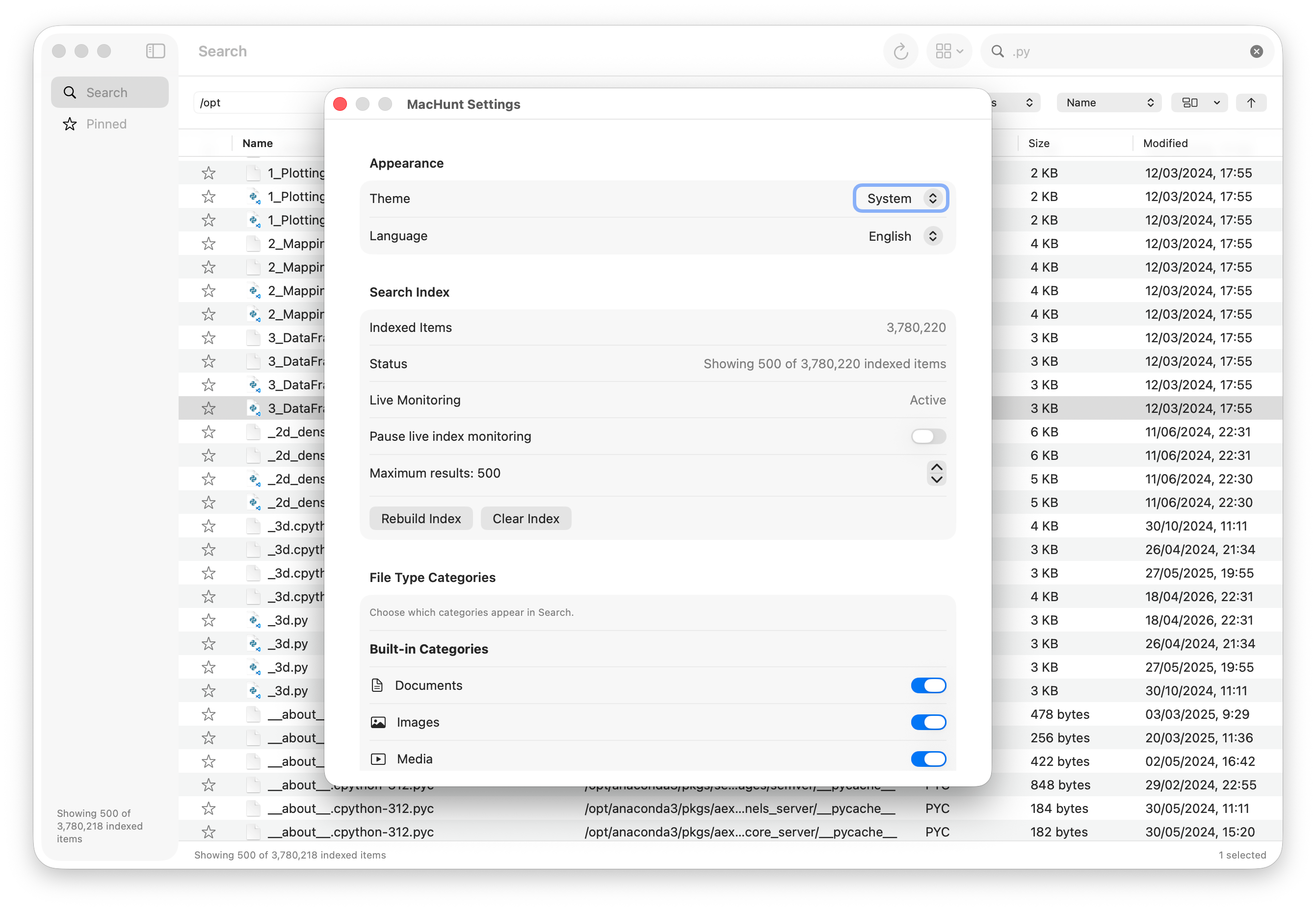 MacHunt settings showing index status and file categories
