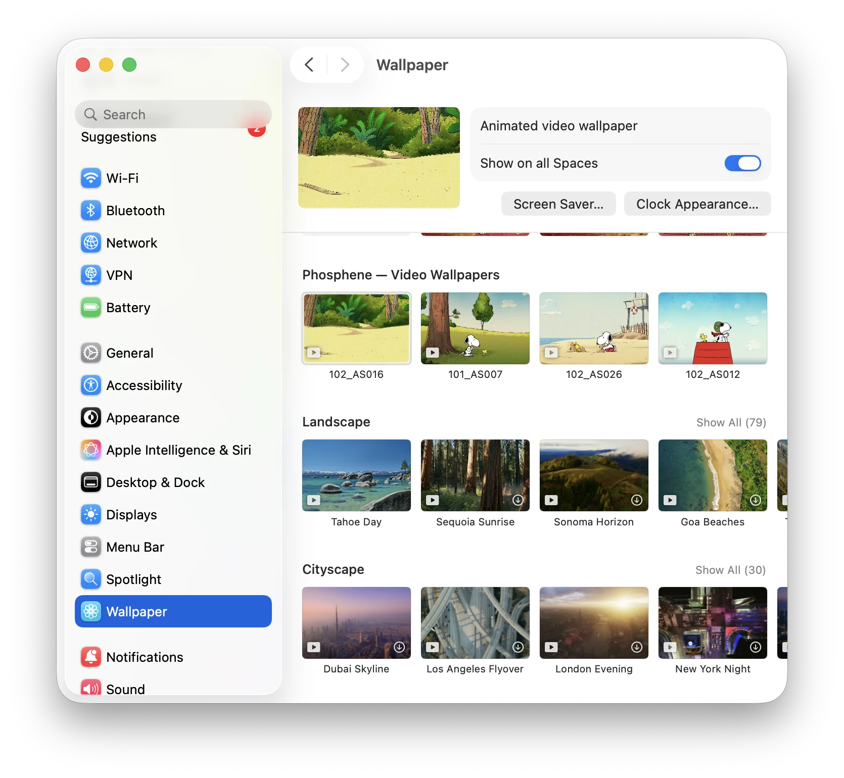 macOS 系统设置墙纸页面中的 Phosphene Video Wallpapers 分组