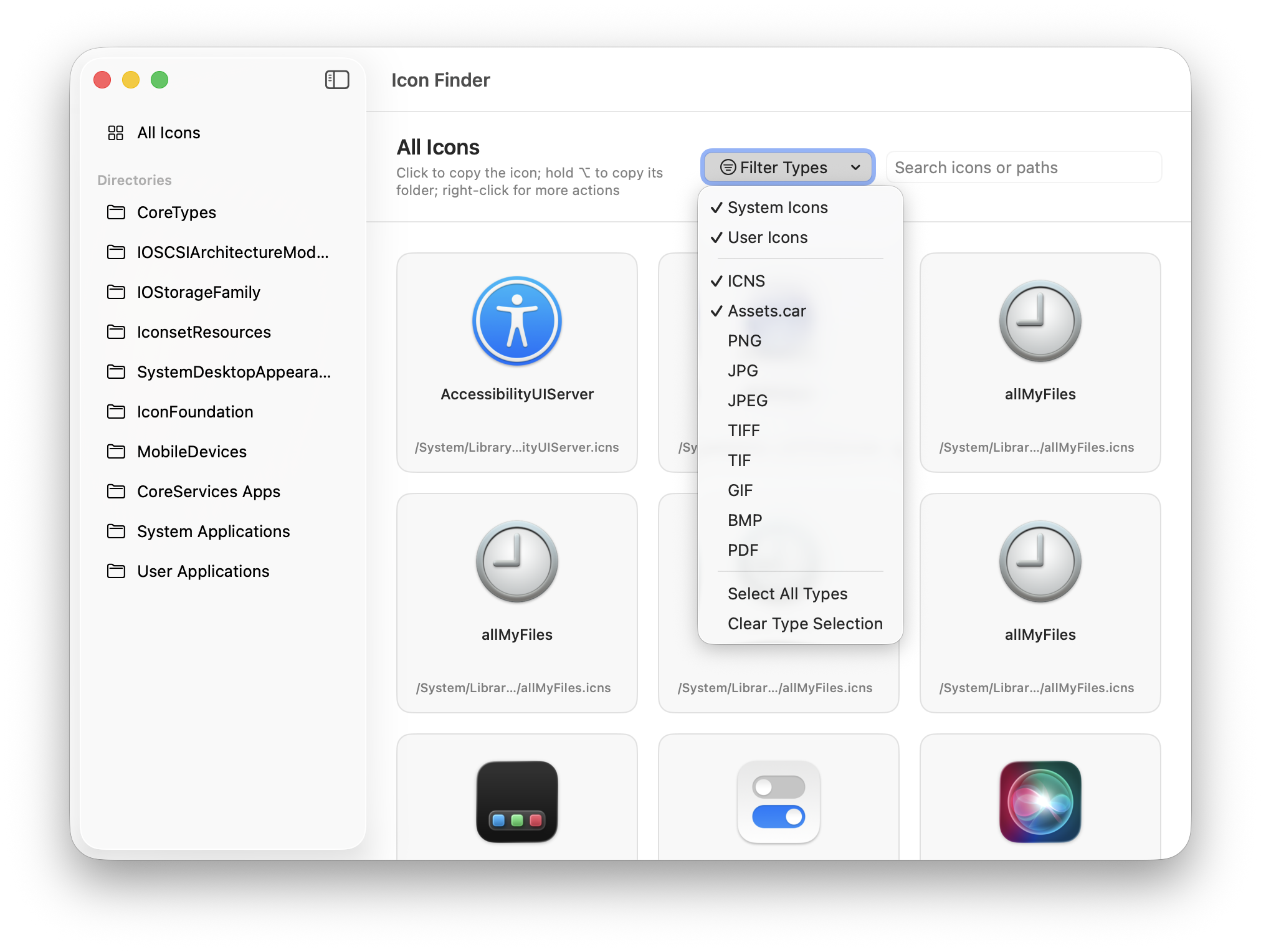 Icon Finder English filter menu with icon collections and file types
