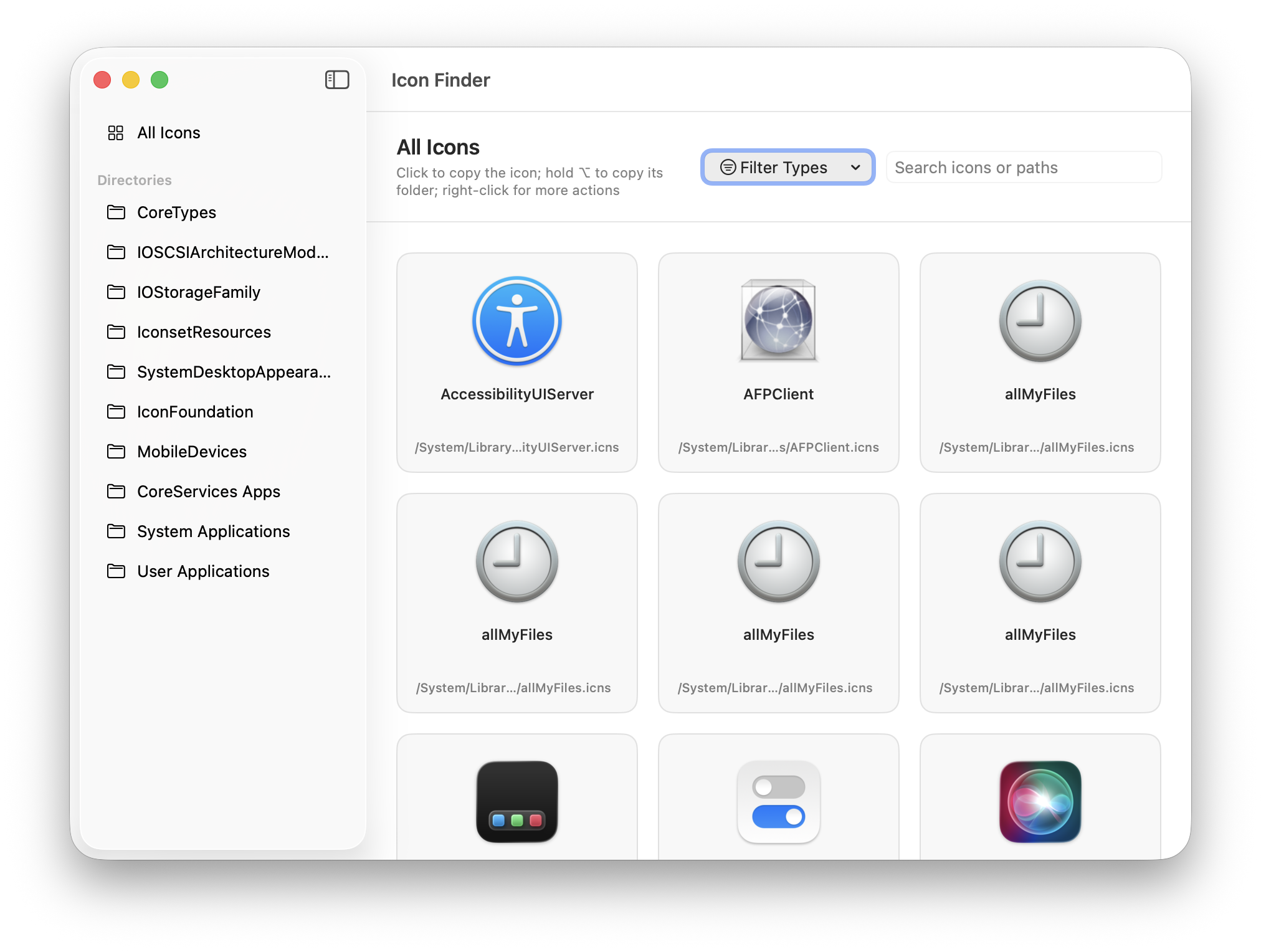 Icon Finder English main window showing system icon directories