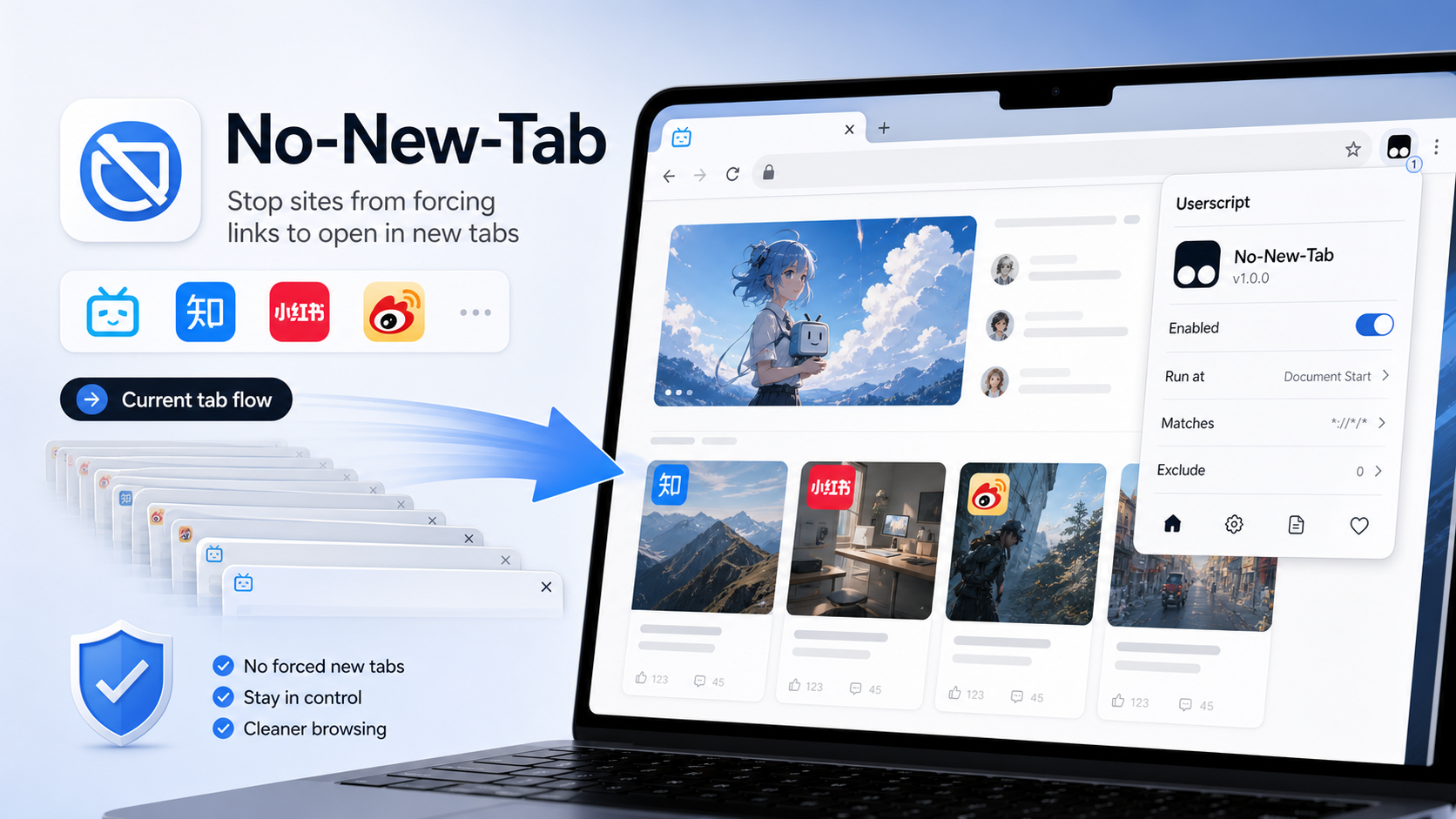 Featured image of post B 站、知乎、小红书总是打开新标签页？用 No-New-Tab 改回当前页浏览