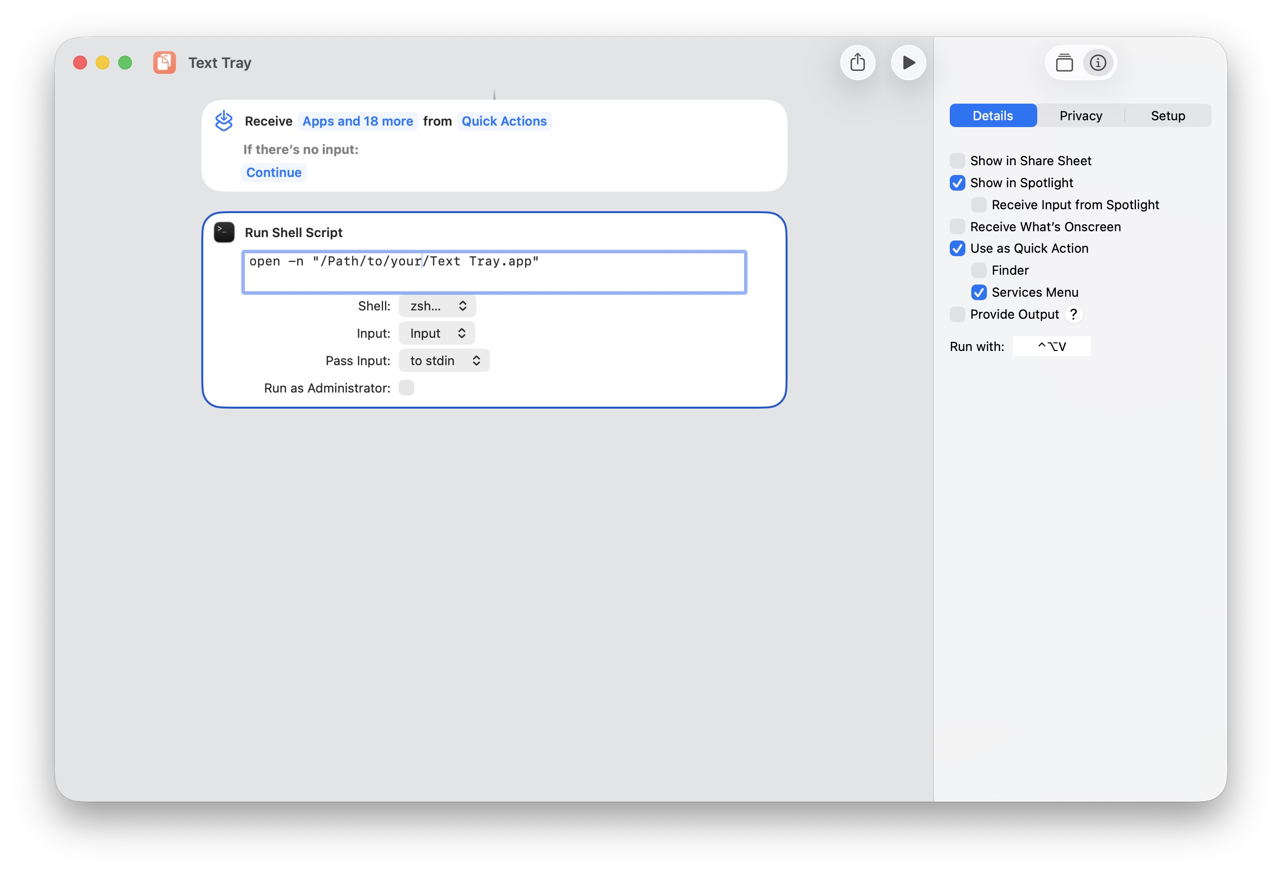 macOS 快捷指令中启动 Text Tray 的设置
